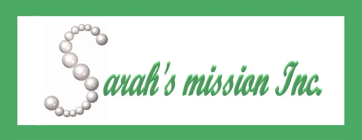 A green and white banner with the name sarah 's mission