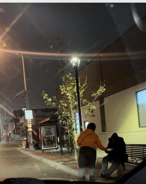 A person sitting on top of a bench near a tree.