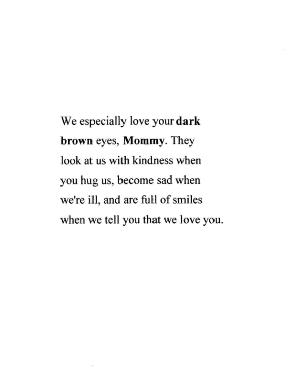 A card with the words we especially love your dark brown eyes.