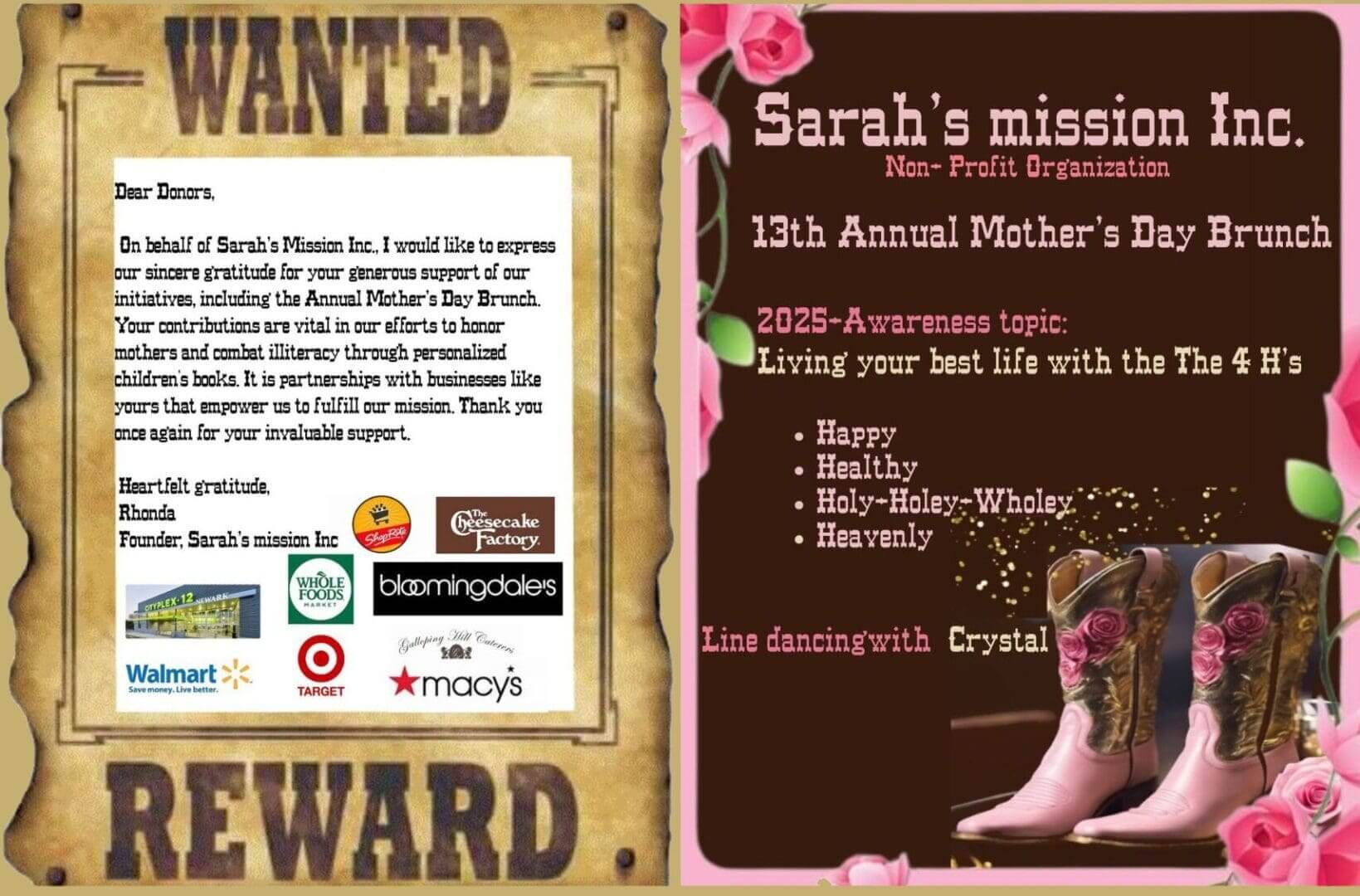 Wanted poster and Mother's Day brunch flyer.