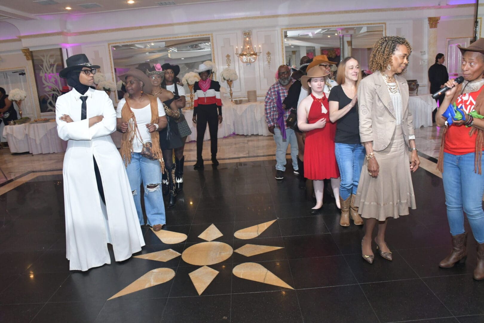 People line dancing at a festive event.