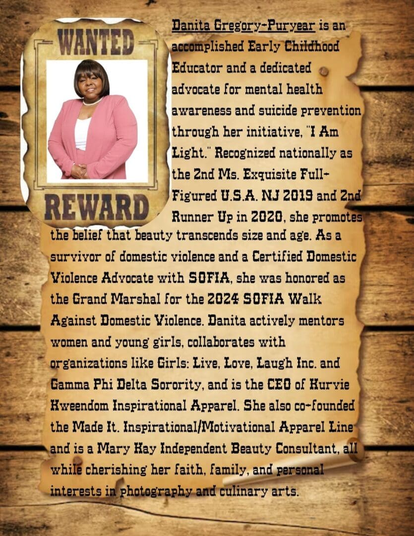 Wanted poster with woman and descriptive text.