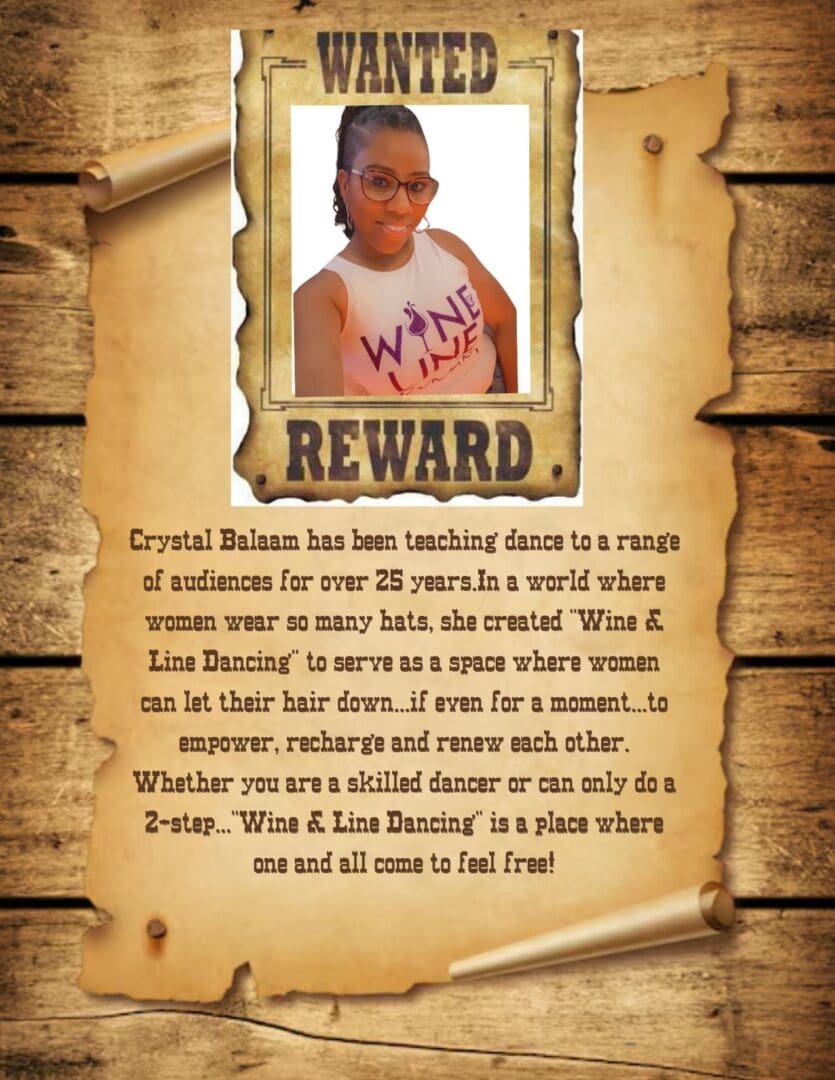 Wanted poster with woman's photo and text.