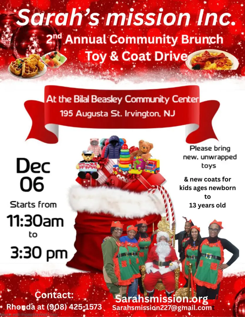 Community brunch and toy drive event poster.